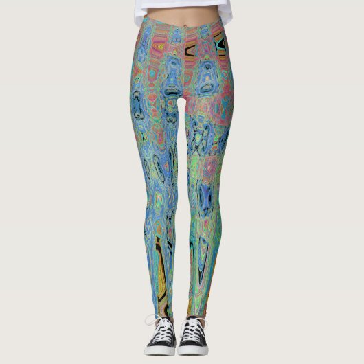 Waterverf Blauwe Groovy Abstracte Retro Atoomgolve Leggings (Voorkant)