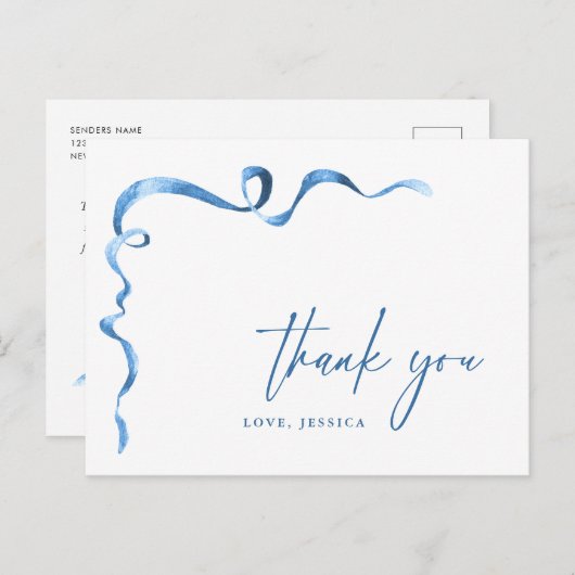 Waterverf blauwe hand getekende boog dank u briefkaart (Voorkant / Achterkant)