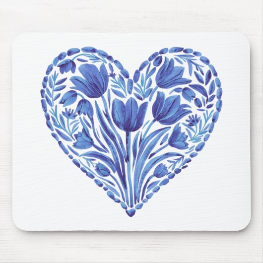 Waterverf Blauwe Hart Tulpen op Wit Muismat (Voorkant)
