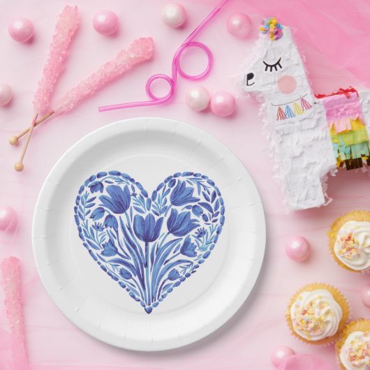 Waterverf Blauwe Hart Tulpen op Wit Papieren Bordje (Feest)