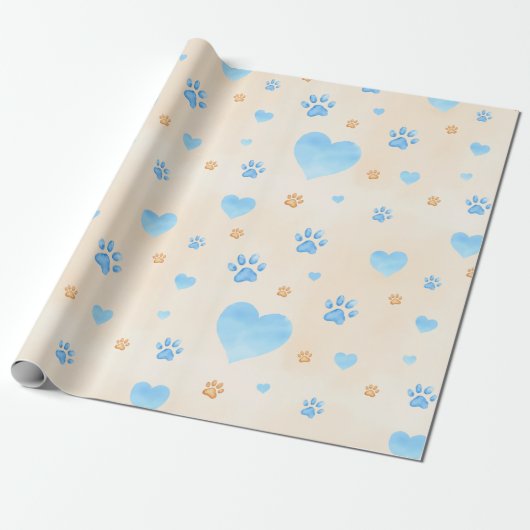 Waterverf Blauwe Harten & Pootafdrukken Patroon Cadeaupapier (Uitgerold)