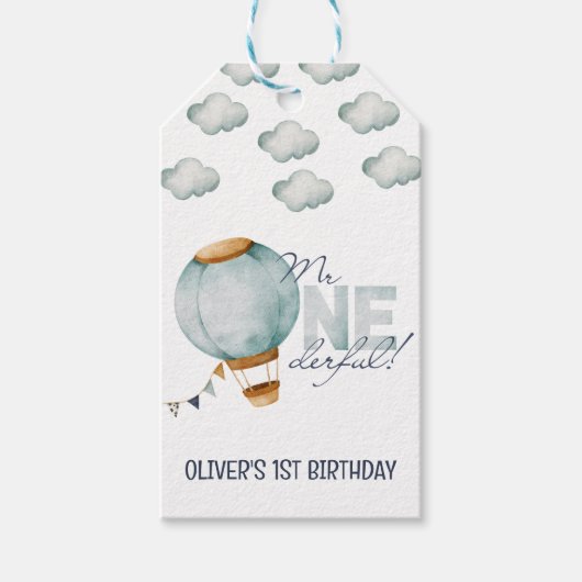 Waterverf Blauwe Hete Luchtballon Mr. ONEderful Bo Cadeaulabel (Voorkant)