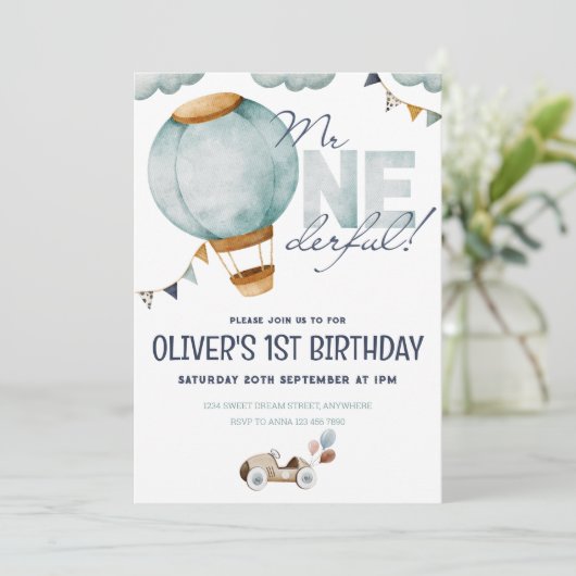 Waterverf Blauwe Hete Luchtballon Mr. ONEderful Bo Kaart (Staand voorkant)