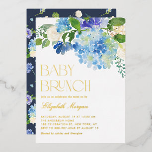 Waterverf Blauwe Hortensia Baby Shower Brunch Folie Uitnodiging