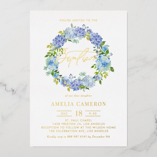 Waterverf Blauwe Hortensia Bloemen Krans Doop Folie Uitnodiging (Voorkant)