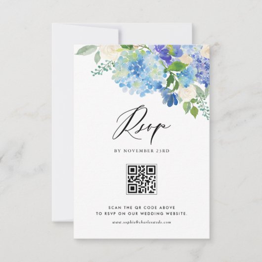 Waterverf Blauwe Hortensia Bloemen Wedding QR Code RSVP Kaartje (Voorkant)
