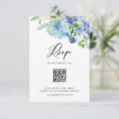 Waterverf Blauwe Hortensia Bloemen Wedding QR Code RSVP Kaartje (Staand voorkant)