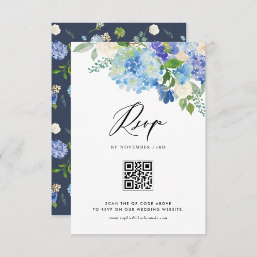 Waterverf Blauwe Hortensia Bloemen Wedding QR Code RSVP Kaartje (Voorkant / Achterkant)