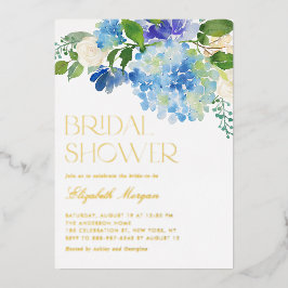 Waterverf Blauwe Hortensia Bloemrijke Bruidsdouche Folie Uitnodiging