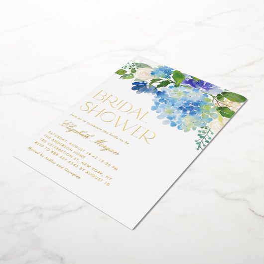 Waterverf Blauwe Hortensia Bloemrijke Bruidsdouche Folie Uitnodiging (Gedraaid)