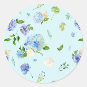 Waterverf Blauwe Hortensia en Roos Bloemmotief Ronde Sticker