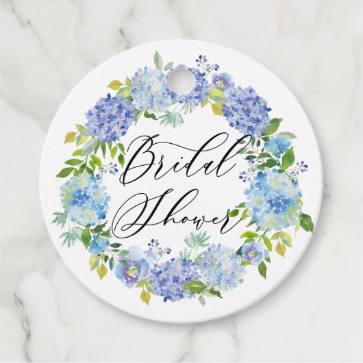 Waterverf Blauwe Hortensia Krans Bruidsdouche Bedankjes Labels (Voorkant)
