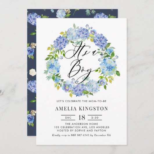 Waterverf Blauwe Hortensia Krans Het is een Jongen Kaart (Voorkant / Achterkant)