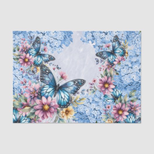 Waterverf Blauwe Hortensia & Vlinders Tissuepapier (Voorkant)