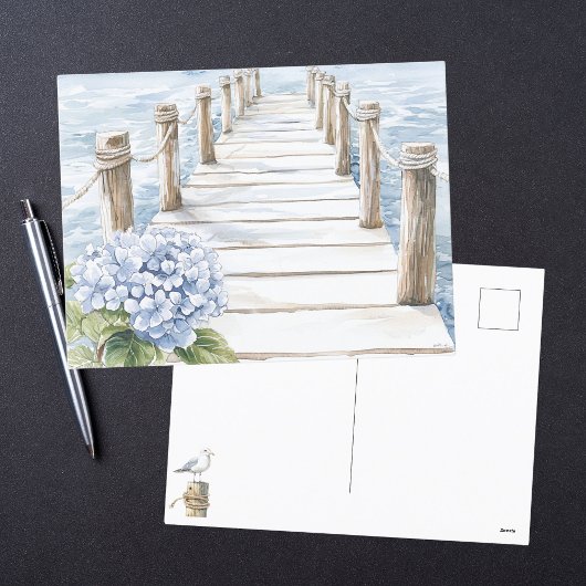 Waterverf Blauwe Hortensia Zeehaven Steiger Kust Feestdagenkaart