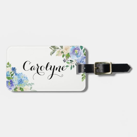 Waterverf Blauwe Hortensia's Bloemen Gepersonalise Bagagelabel (Voorkant horizontaal)