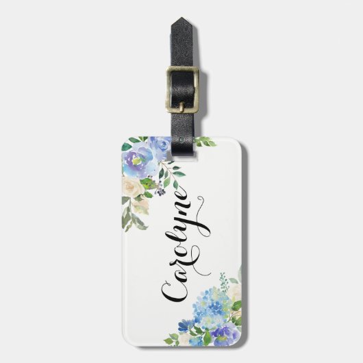 Waterverf Blauwe Hortensia's Bloemen Gepersonalise Bagagelabel (Voorkant verticaal)