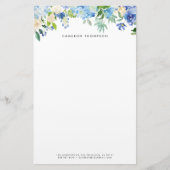 Waterverf Blauwe Hortensia's en Witte Rozen Bloeme Briefpapier (Voorkant)