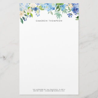 Waterverf Blauwe Hortensia's en Witte Rozen Bloeme Briefpapier