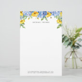 Waterverf Blauwe Hortensia's & Gele Bloemen Briefpapier (Staand voorkant)