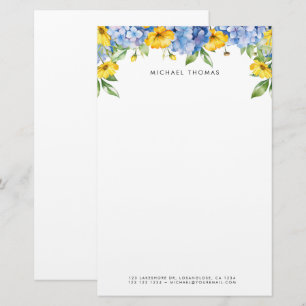 Waterverf Blauwe Hortensia's & Gele Bloemen Briefpapier