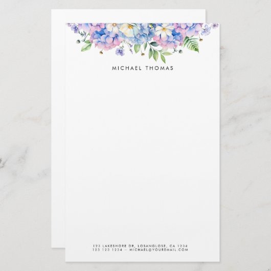 Waterverf Blauwe Hortensia's & Witte Bloemen Bloem Briefpapier (Voorkant / Achterkant)