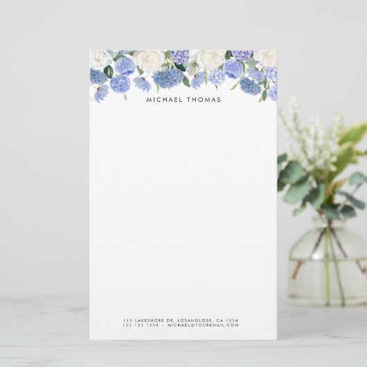 Waterverf Blauwe Hortensia's & Witte Rozen Bloemen Briefpapier (Staand voorkant)