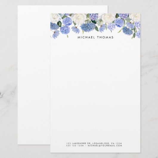 Waterverf Blauwe Hortensia's & Witte Rozen Bloemen Briefpapier (Voorkant / Achterkant)