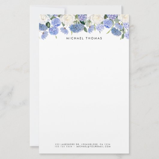 Waterverf Blauwe Hortensia's & Witte Rozen Bloemen Briefpapier (Voorkant)