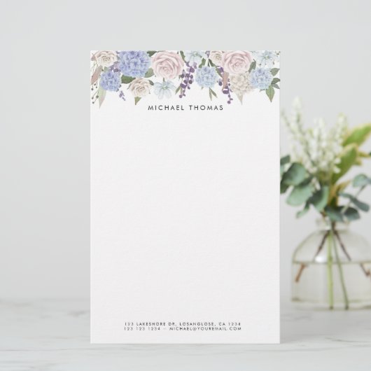 Waterverf Blauwe Hortensia's & Witte Rozen Bloemen Briefpapier (Staand voorkant)