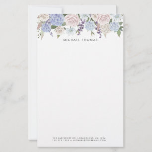 Waterverf Blauwe Hortensia's & Witte Rozen Bloemen Briefpapier