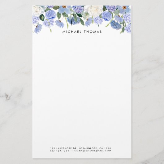 Waterverf Blauwe Hortensia's & Witte Rozen Bloemen Briefpapier (Voorkant)