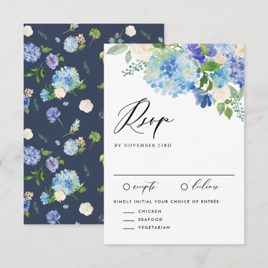 Waterverf Blauwe Hydrangea Bloemen Boeket Huwelijk RSVP Kaartje (Voorkant / Achterkant)