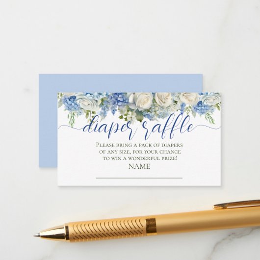 Waterverf Blauwe Hydrangea Bloemen Luier Raffle Informatiekaartje (Voorkant / Achterkant in situ)