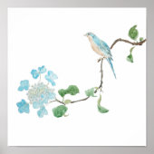 waterverf blauwe hydrangea en blauwe vogels poster (Voorkant)