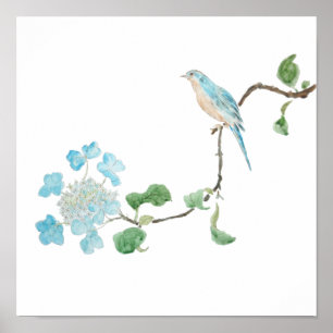 waterverf blauwe hydrangea en blauwe vogels poster