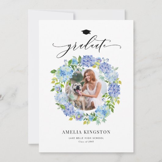 Waterverf Blauwe Hydrangea Krans Foto Afstuderen Kaart (Voorkant)