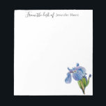 Waterverf blauwe Iris-bloem Notitieblok<br><div class="desc">Elegant, helder, vrolijk notitieblok met illustraties van de waterverf van Blue Iris. . Leuk voor herinneringen! Dit notitieblok maakt prachtige gastvrije geschenken. De "geef dit ontwerp sjabloon"vakjes op de rechterkant van het punt uit, of klik blauwe "pas het"knoop aan om de tekst te schikken, de doopvonten en de kleuren te...</div>