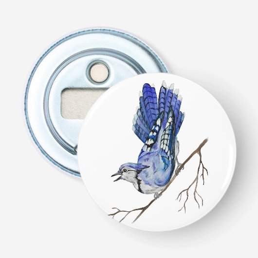 Waterverf blauwe jay button flesopener (Voorkant)