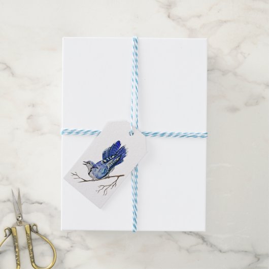 Waterverf blauwe jay cadeaulabel (Met Touw)