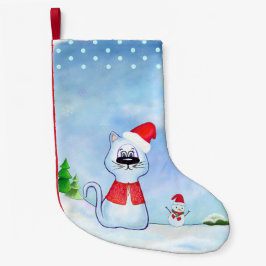 waterverf Blauwe kat Kerstman, Kerstwinter Kleine Kerstsok