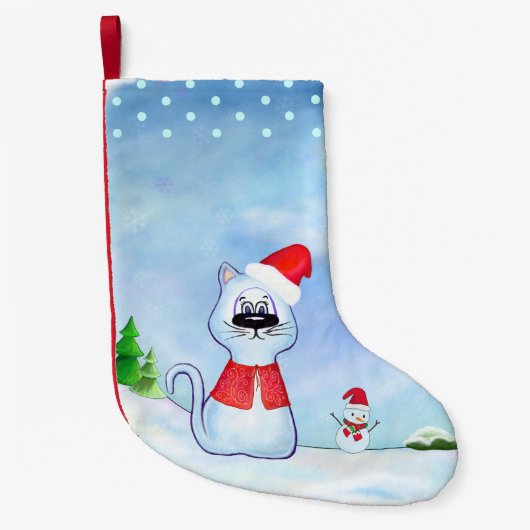 waterverf Blauwe kat Kerstman, Kerstwinter Kleine Kerstsok (Voorkant)