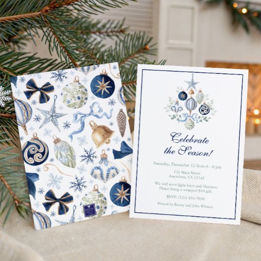 Waterverf Blauwe Kerst Ornamente Feest Kaart