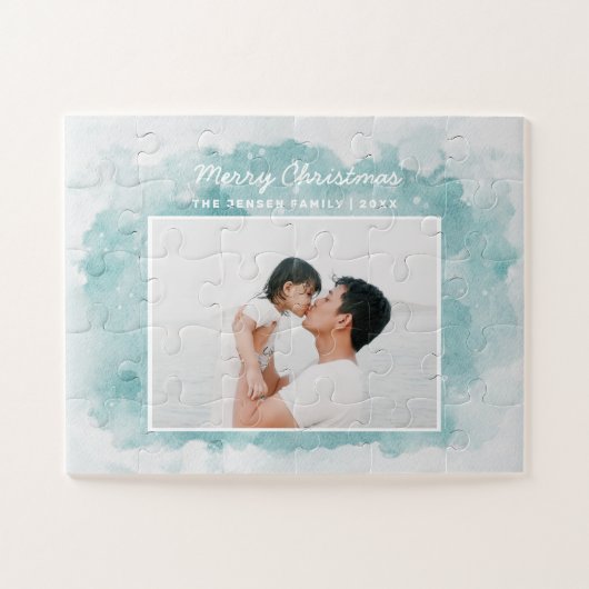 Waterverf blauwe kerstfoto wintervakantie legpuzzel (Horizontaal)