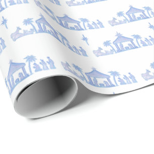 Waterverf Blauwe Kerststal Kerstmis Cadeaupapier