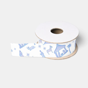 Waterverf Blauwe Kerststal Kerstmis Grosgrain Lint