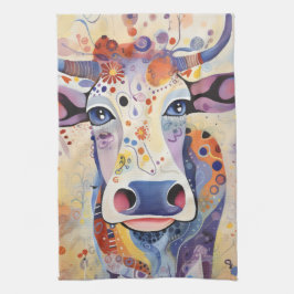 Waterverf Blauwe kleurrijke Whimsical Koe Bubbly Z Theedoek