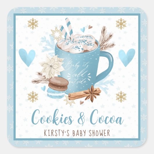Waterverf Blauwe Koekjes en Cacao-Baby shower Vierkante Sticker (Voorkant)