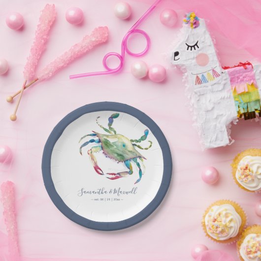 Waterverf Blauwe krab Klein Strand Bruiloft Papieren Bordje (Feest)