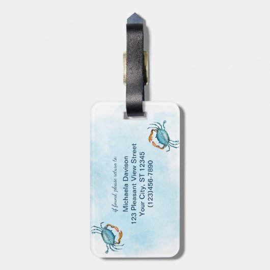 Waterverf blauwe krab kust bagagelabel (Achterkant verticaal)